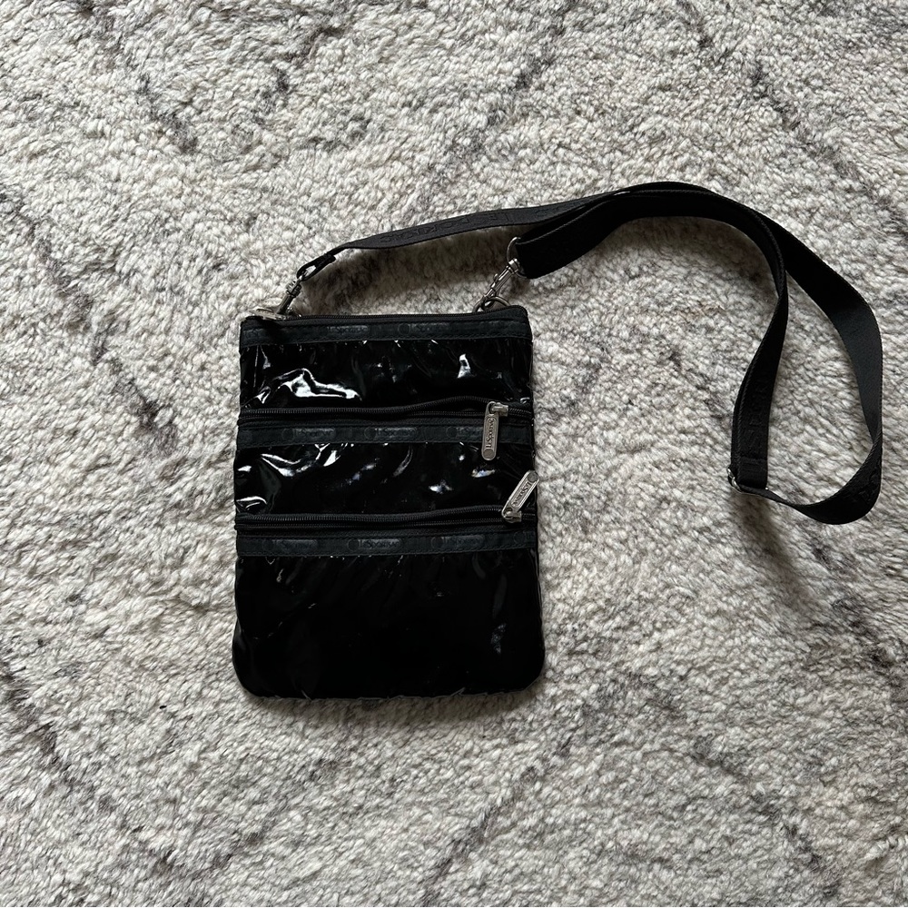 Le Sportsac Triple Zip 3 Zipper Crossbody Black Patent